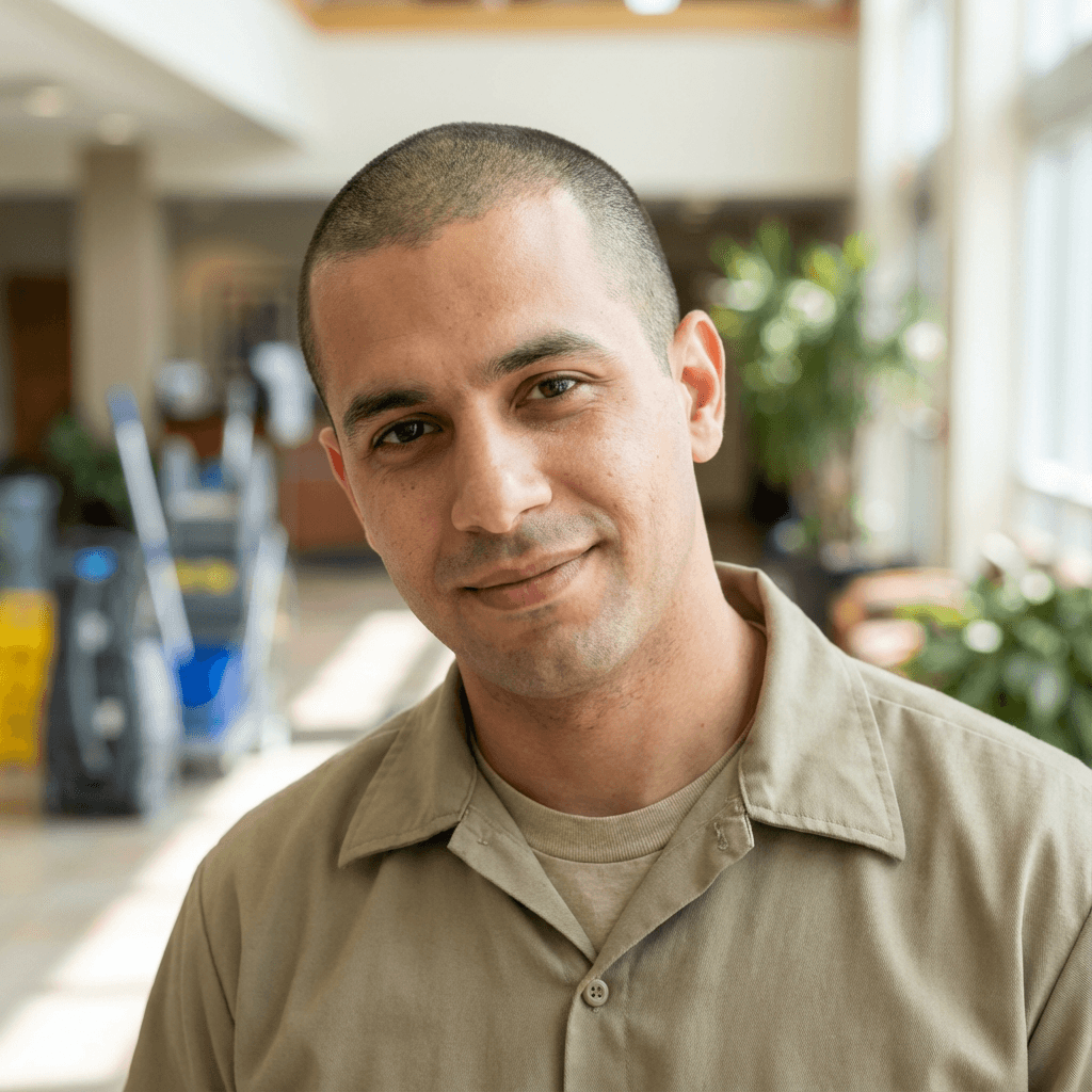 Male property maintenance worker in his early 30s smiling in work clothes