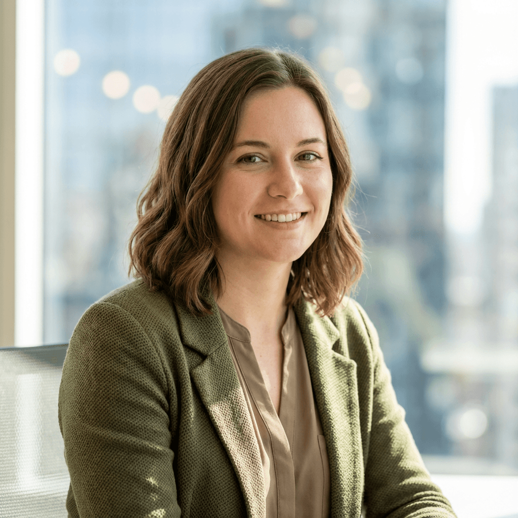 Female property manager in her late 20s smiling in professional office attire