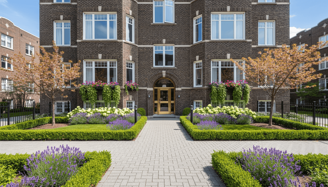 Well maintained brick apartment building exterior with clean walkway and tidy landscaping
