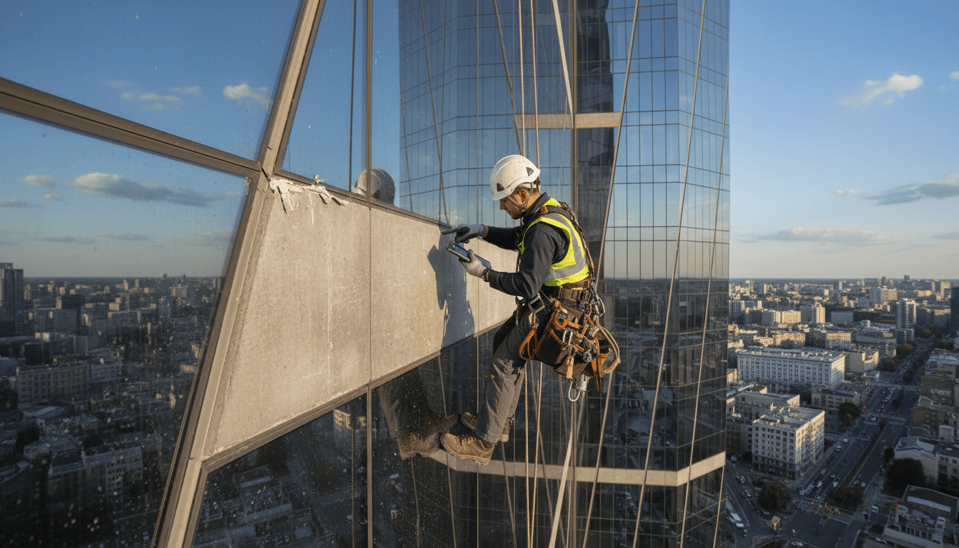 Maintenance worker inspecting a building exterior