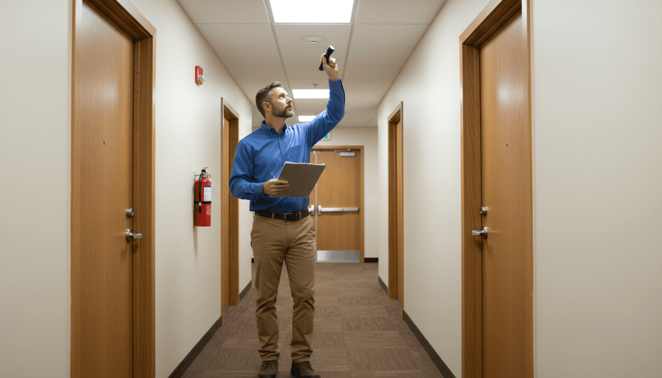 Professional property inspector reviewing a residential building hallway with a clipboard