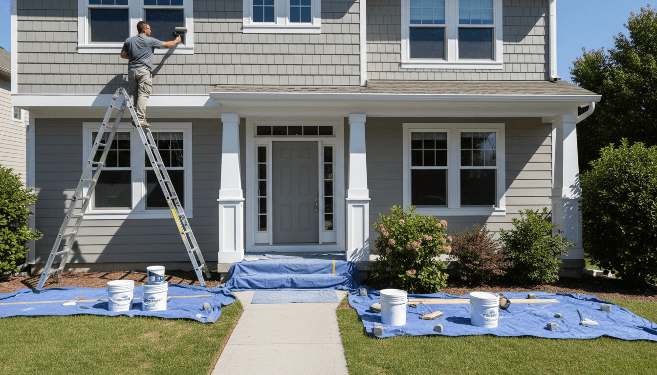 Painting exterior window trim on a house