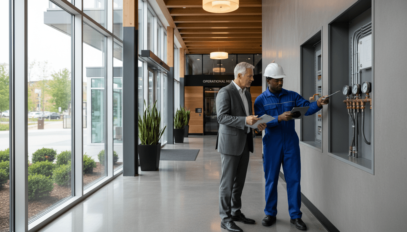 Property manager reviewing maintenance checklist with a contractor