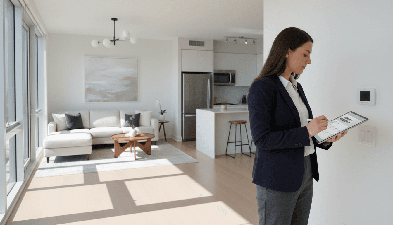 Property manager inspecting apartment building hallway with clipboard