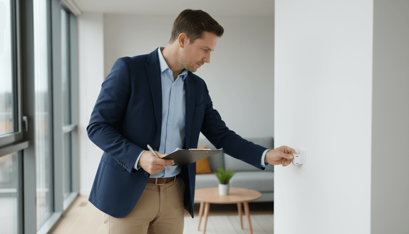 property manager inspecting a building hallway with a clipboard