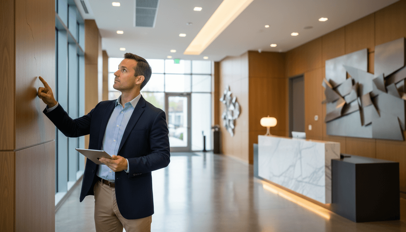 Property manager inspecting building exterior with clipboard