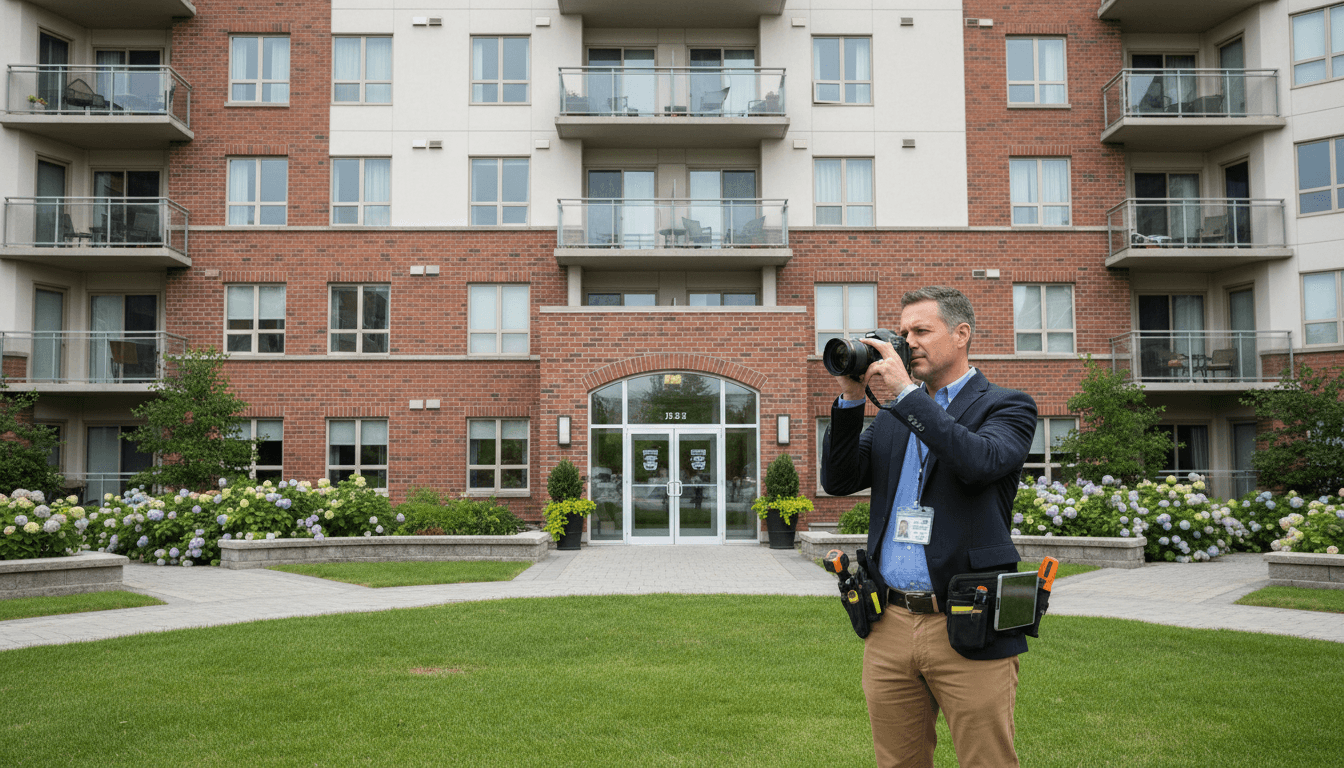 Property maintenance professional inspecting a Toronto building exterior