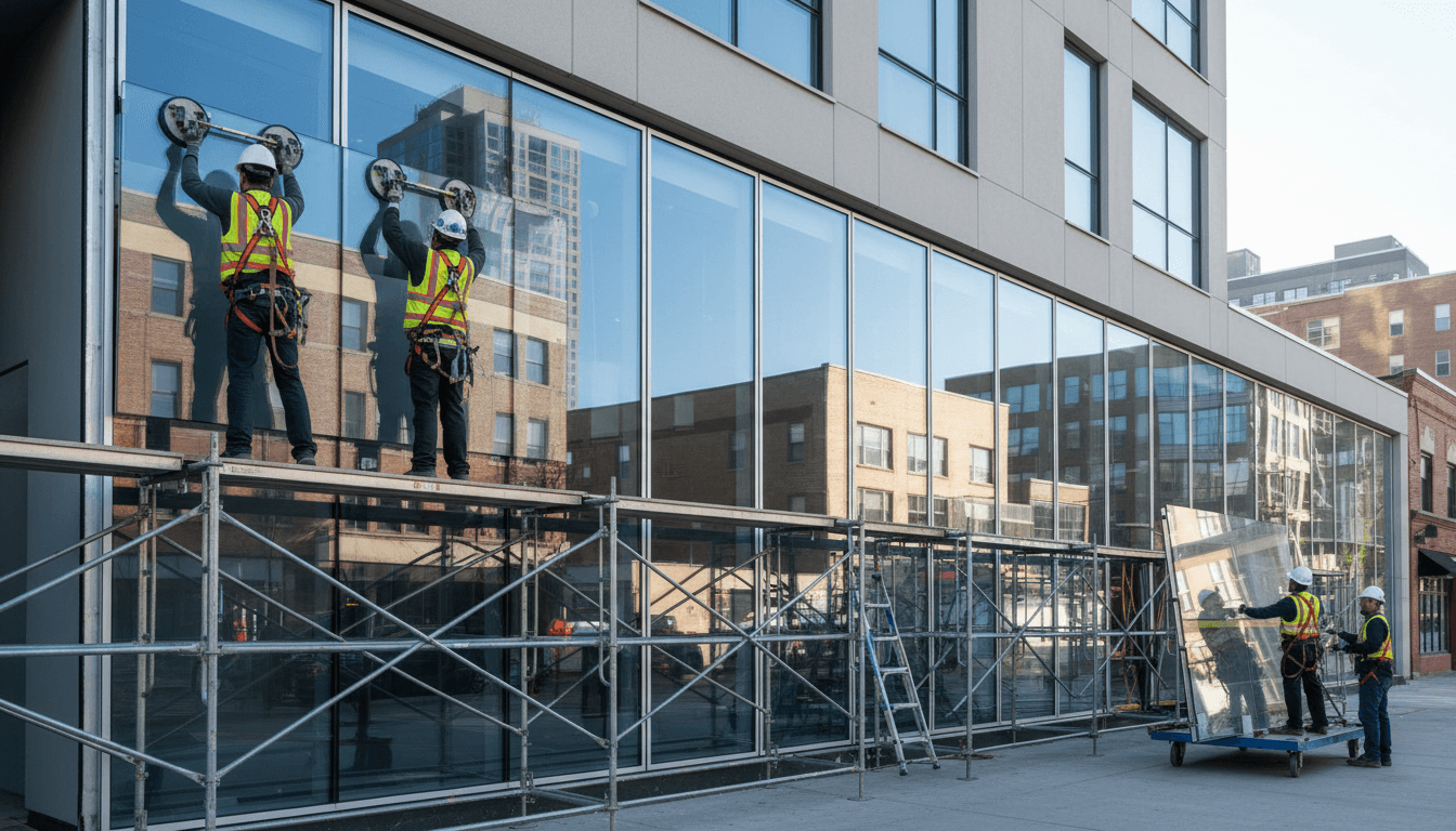 Technician repairing a commercial storefront exterior