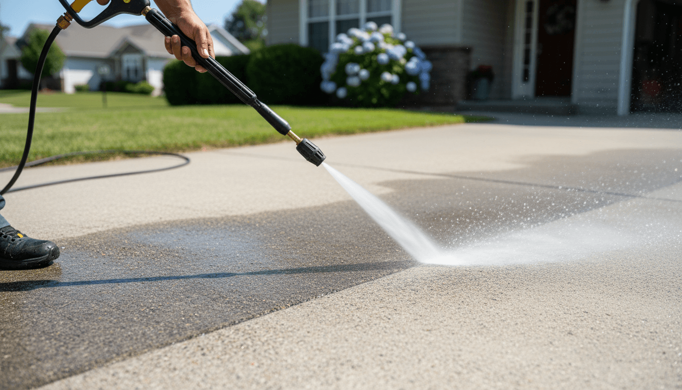 Pressure washing a concrete driveway to remove grime